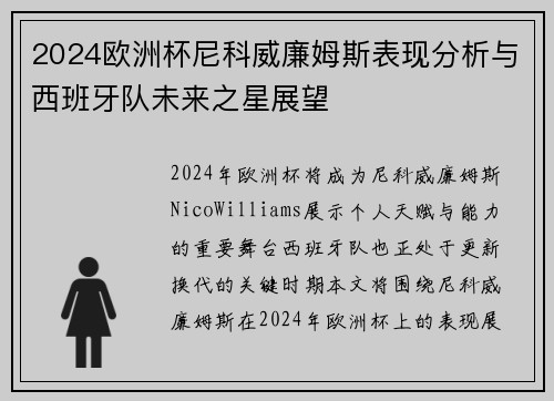 2024欧洲杯尼科威廉姆斯表现分析与西班牙队未来之星展望