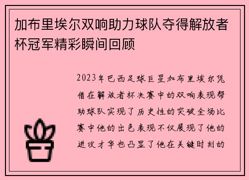 加布里埃尔双响助力球队夺得解放者杯冠军精彩瞬间回顾