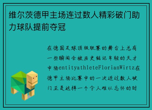 维尔茨德甲主场连过数人精彩破门助力球队提前夺冠
