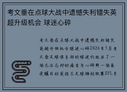 考文垂在点球大战中遗憾失利错失英超升级机会 球迷心碎